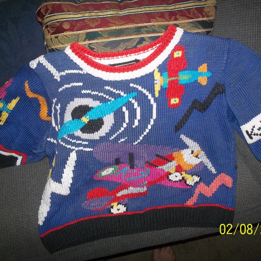 BEREK ONE OF A KIND, VINTAGE 1989 AIRPLANE SWEATER, PIMA COTTON KNITTED BY HAND
